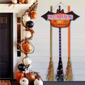 Halloween Decor- Halloween Decor - Bat Pumpkin Sign with 3 Wooden Witches Brooms